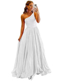 One Shoulder Sequin Prom Dresses for Women 2027 Sparkly Long A-Line Formal Evening Party Ball Gowns with Pockets