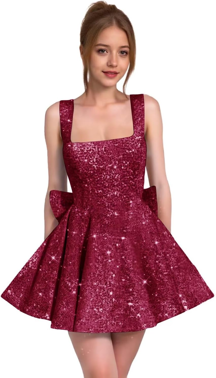 Sparkly Sequin Homecoming Dresses for Teens Short Prom Dress Square Neck Bow Formal Cocktail Gowns with Pockets