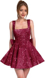 Sparkly Sequin Homecoming Dresses for Teens Short Prom Dress Square Neck Bow Formal Cocktail Gowns with Pockets