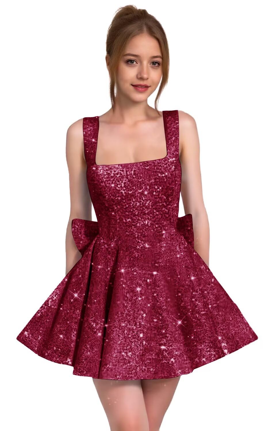 Sparkly Sequin Homecoming Dresses for Teens Short Prom Dress Square Neck Bow Formal Cocktail Gowns with Pockets