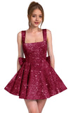 Sparkly Sequin Homecoming Dresses for Teens Short Prom Dress Square Neck Bow Formal Cocktail Gowns with Pockets