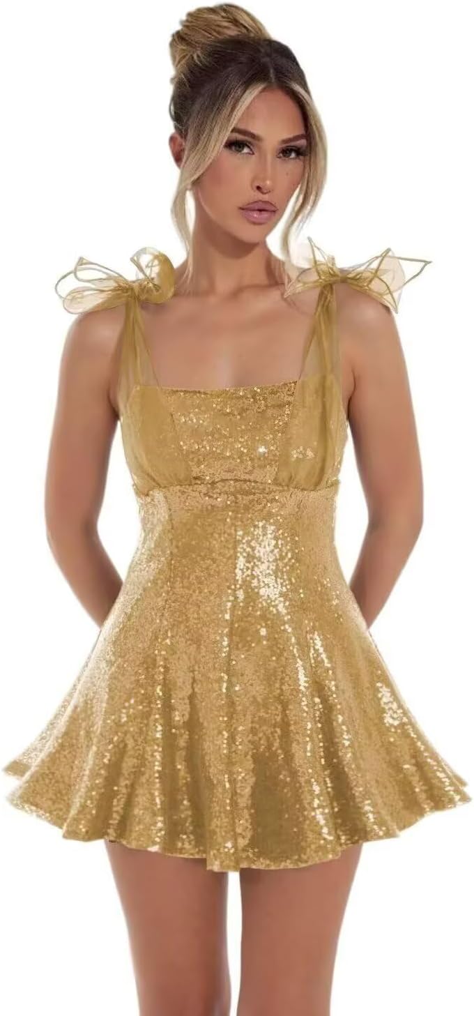 Sparkly Sequin Homecoming Dresses for Teens 2027 Spaghetti Strap Short Prom Dress with Bow Glitter Tulle Cocktail Party Gown