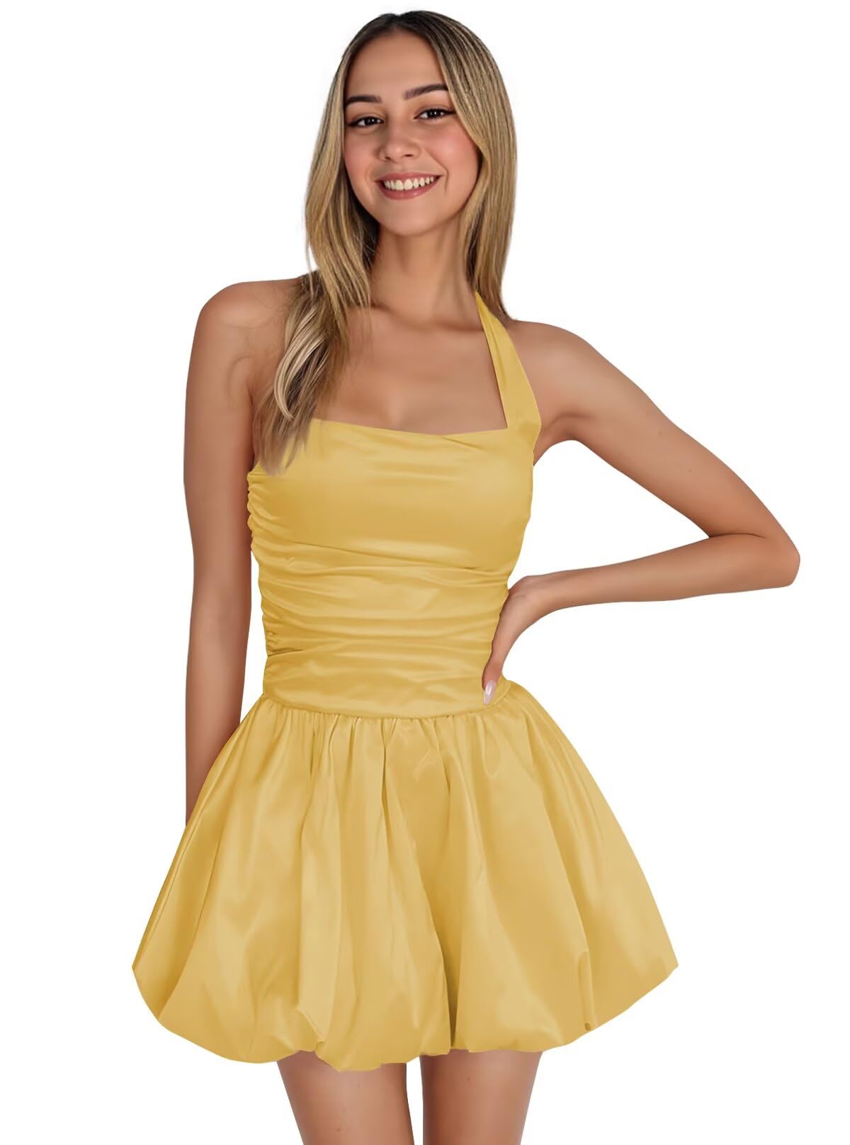 Satin Halter Homecoming Dresses for Teens Short Prom Dress 2027 Flower Bud Ruched Formal Cocktail Gown with Pockets