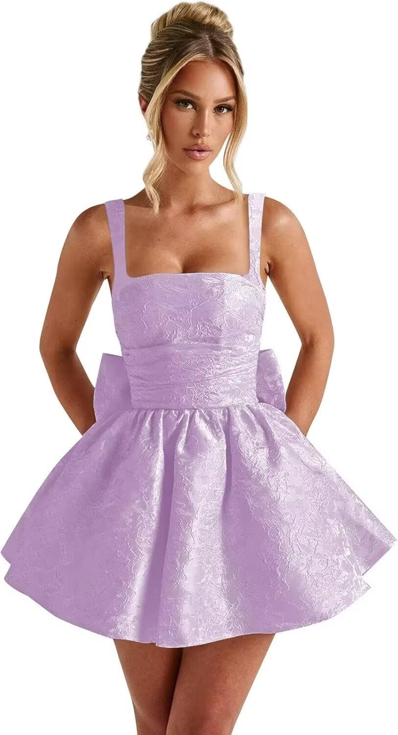 Jacquard Satin Homecoming Dresses for Teens Spaghetti Straps Short Prom Dress A-line Cocktail Party Gowns with Bow