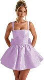 Jacquard Satin Homecoming Dresses for Teens Spaghetti Straps Short Prom Dress A-line Cocktail Party Gowns with Bow