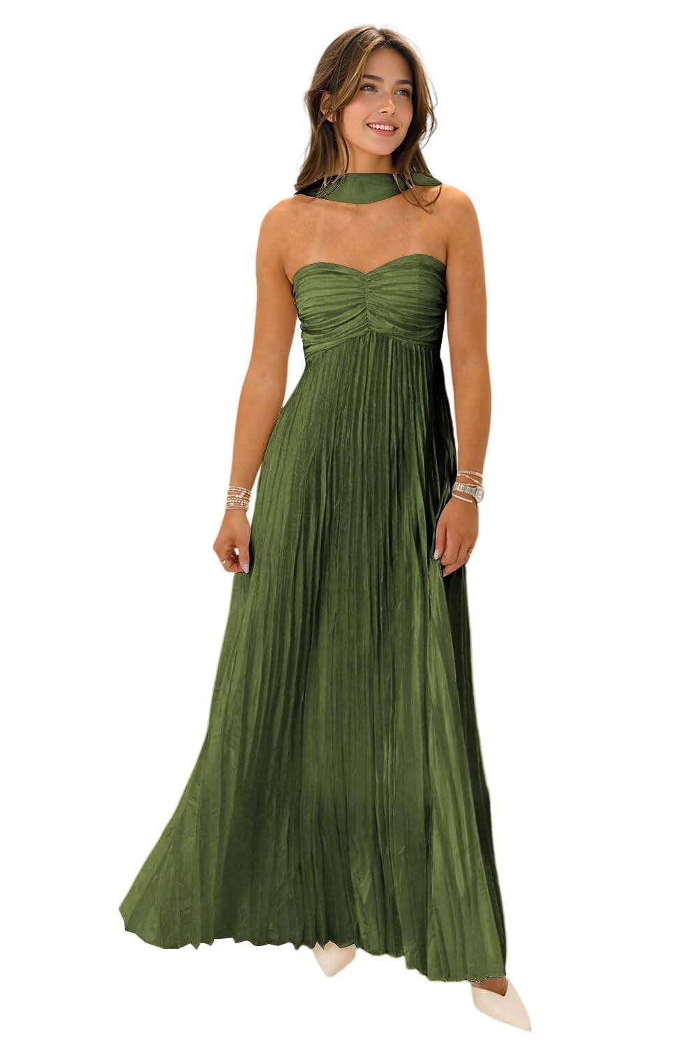 Flowy Chiffon Bridesmaid Prom Dress with Scarf Strapless Pleated Formal Evening Dresses