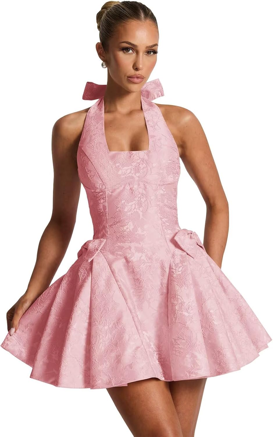Satin Jacquard Halter Homecoming Dresses with Bow for Teens Mini A-Line Puffy Cocktail Corset Evening Party Gown