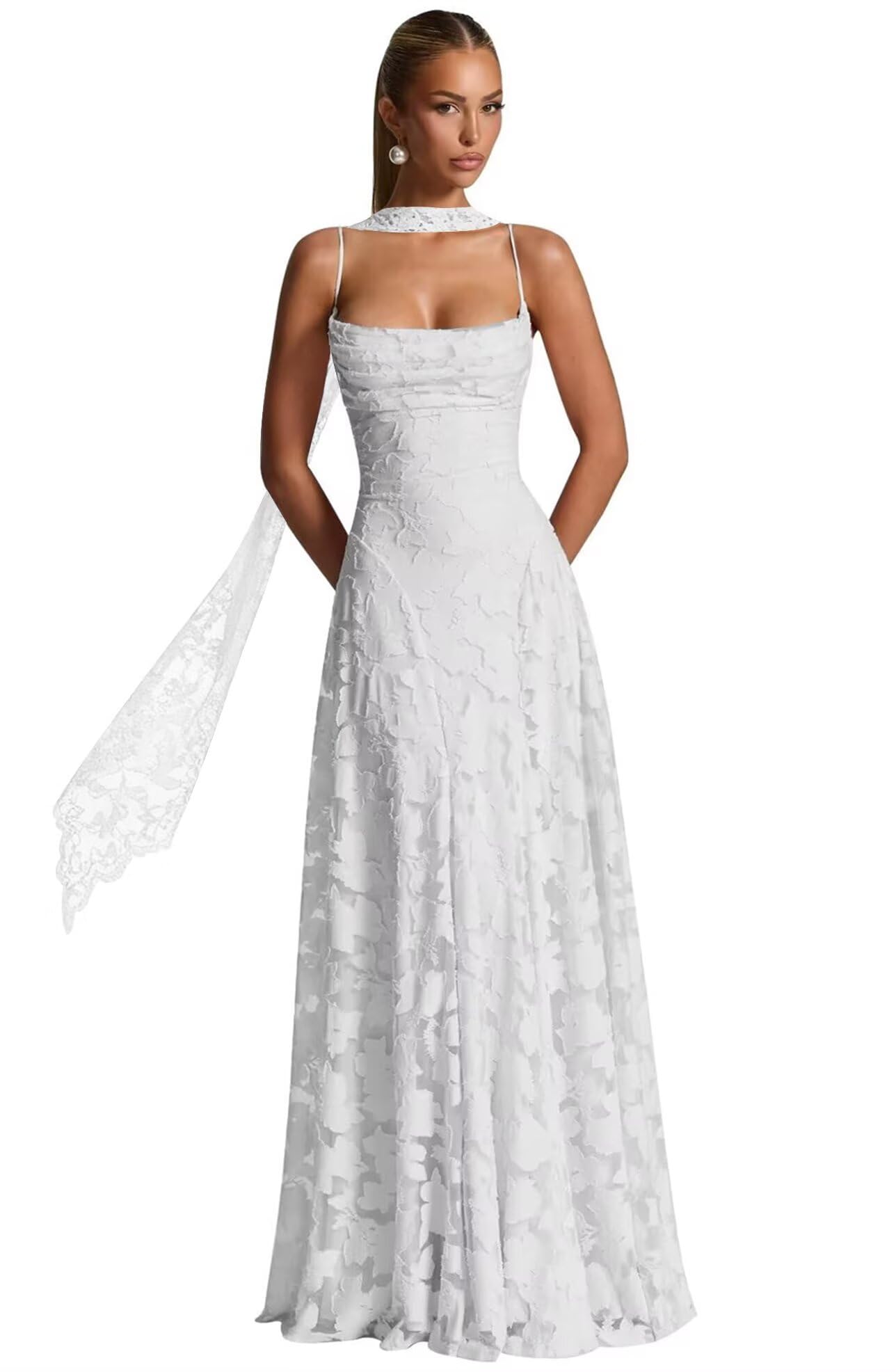 Floral Lace Bridesmaid Dresses for Women Long Spaghetti Straps Formal Evening Gowns with Scarf