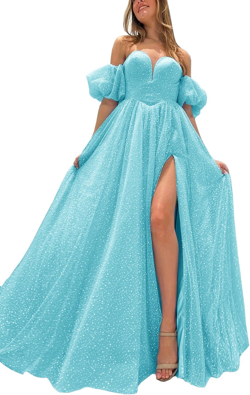 Tulle Prom Dresses for Women 2027 Sparkly Puffy Sleeves Long Ball Gowns with Slit A-Line Evening Dresses