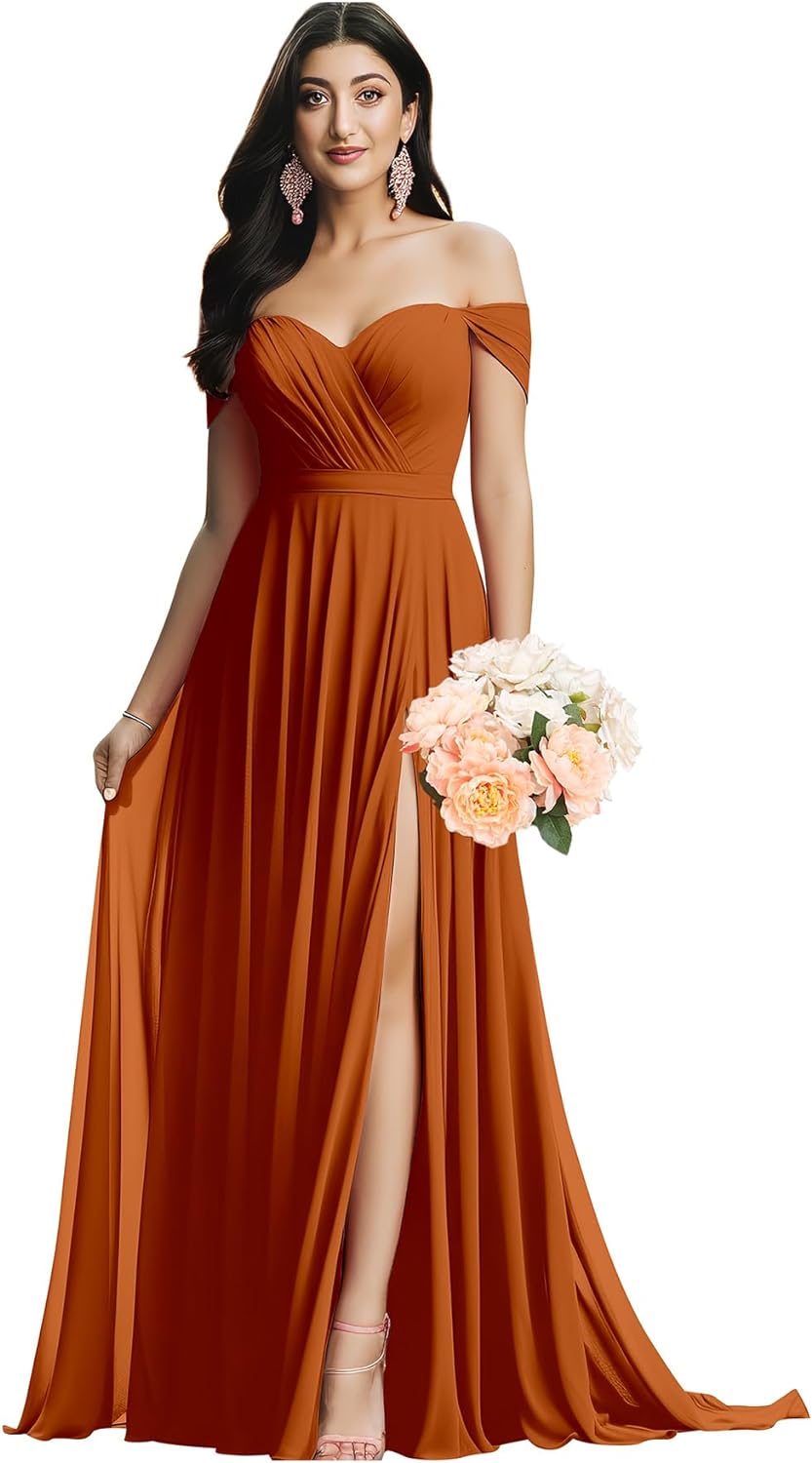 Schulterfreies Brautjungfernkleid für die Hochzeit, gerüschtes Chiffon-Split-Abendkleid mit Taschen 