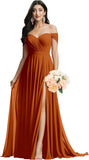 Schulterfreies Brautjungfernkleid für die Hochzeit, gerüschtes Chiffon-Split-Abendkleid mit Taschen 