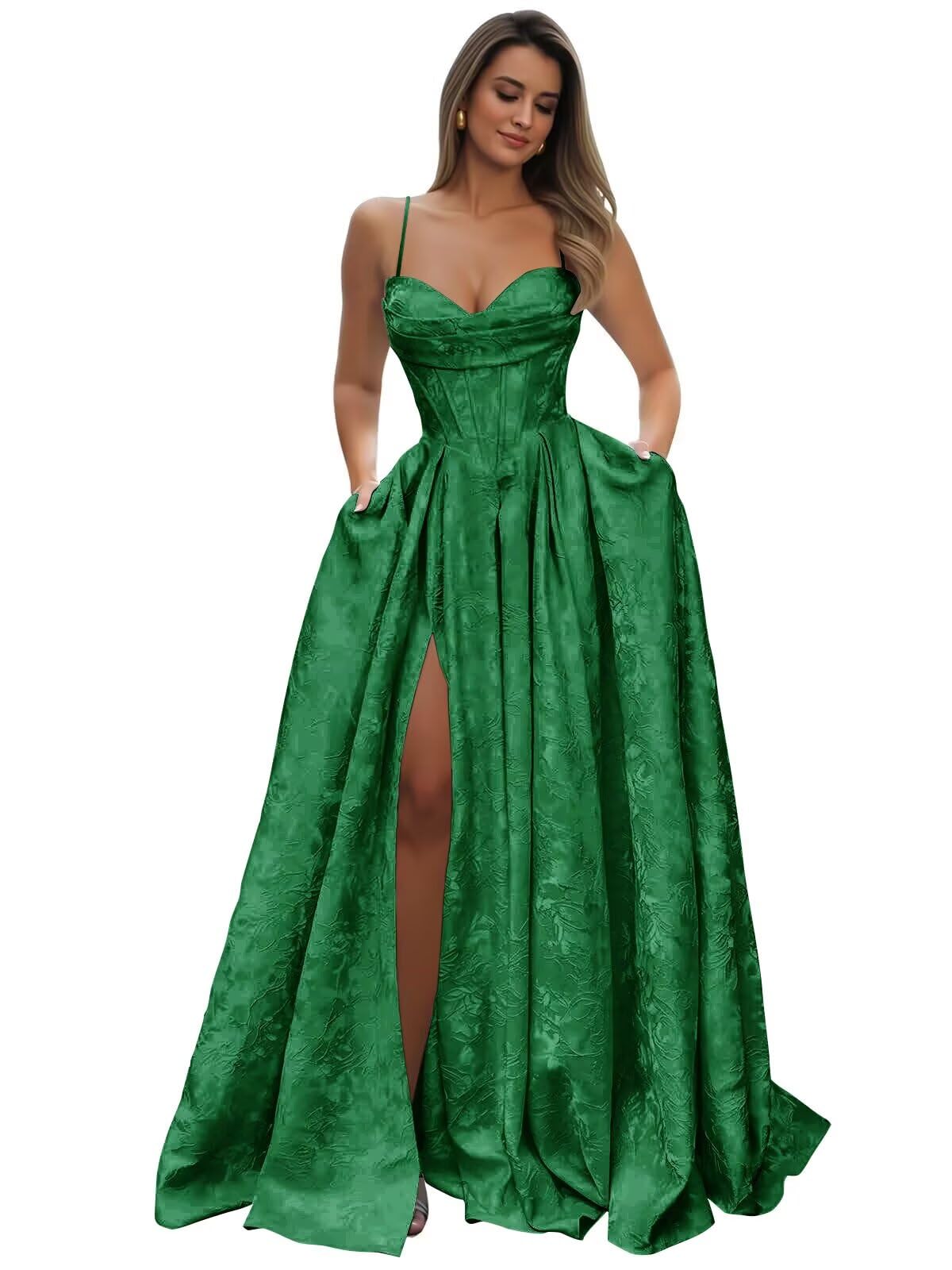 Satin Spaghetti Straps Prom Dresses for Women Jacquard Aline Backless Formal Evening Party Ball Gowns with Pockets