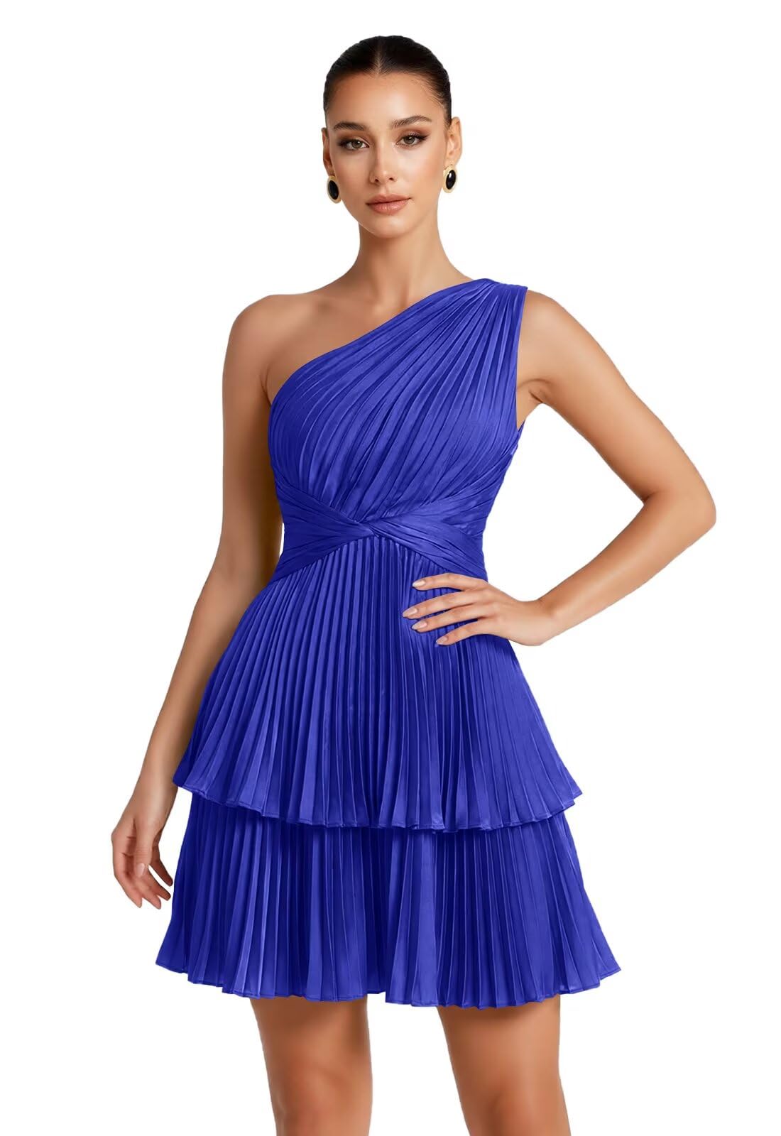 One Shoulder Satin Homecoming Dresses for Teens 2026 Short A-line Prom Dress Pleated Tiered Cocktail Party Gowns