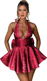 Satin Halter Homecoming Dresses for Teens 2027 V Neck Jacquard A-line Short Prom Cocktail Gowns with Bow