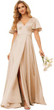 Women's V Neck Ruffle Sleeves Bridesmaid Dresses with Slit 2025 Satin A-Line Formal Evening Gowns