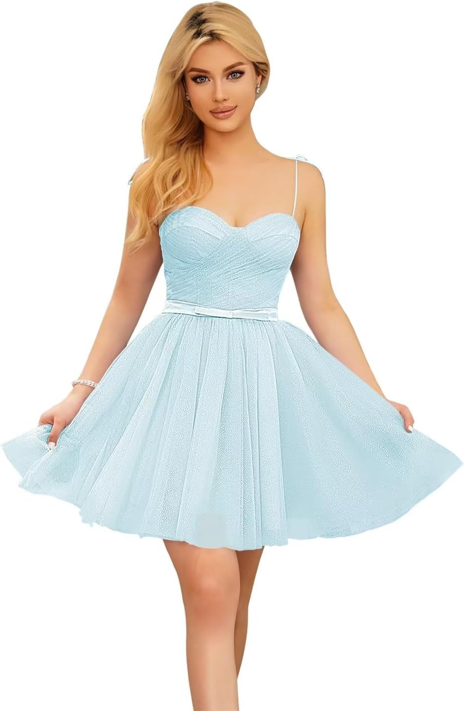 Vestidos cortos de tul brillante para adolescentes, con tirantes finos y corte en A, para fiesta de graduación.