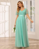 Damen Brautjungfernkleider mit Flatterärmeln, Tüll, lang, V-Ausschnitt, Empire-Taille, formelles Kleid 