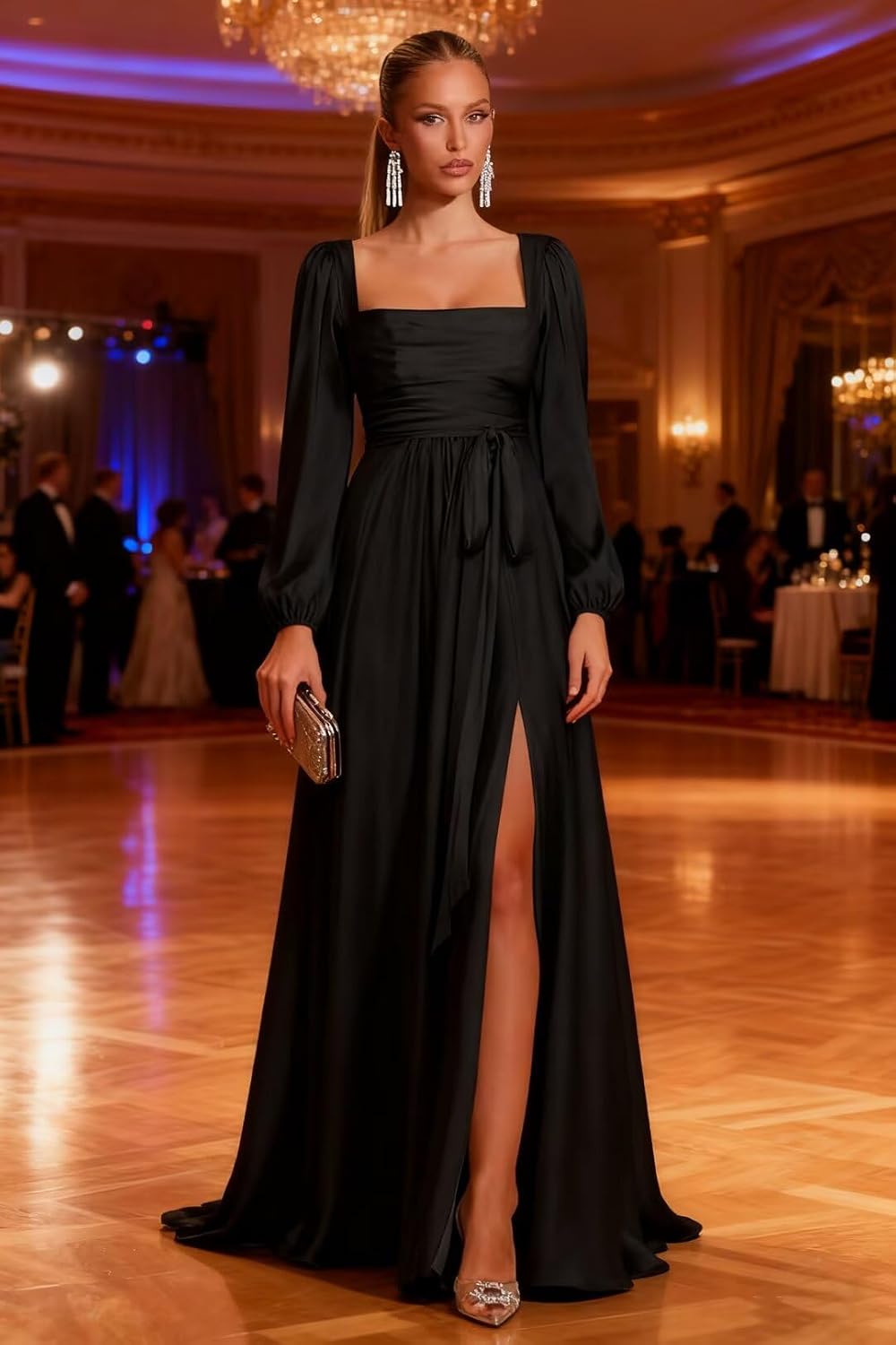 Satin Bridesmaid Dresses with Slit Long Sleeve Square Neck A Line Maxi Formal Dress