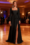 Satin Bridesmaid Dresses with Slit Long Sleeve Square Neck A Line Maxi Formal Dress