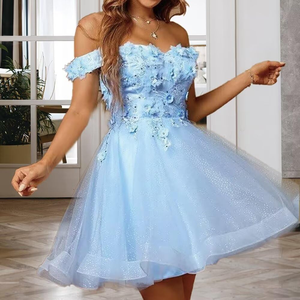 Sparkly Tulle Homecoming Dresses for Teens 2027 3D Flowers Cocktail Gowns Off Shoulder Short Prom Dresses