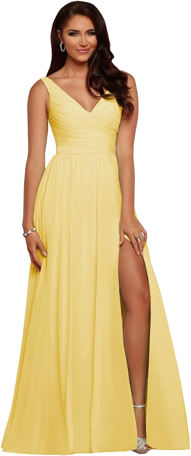 Vestidos de dama de honor largos con escote en V y abertura en gasa, corte A, plisados, para noche, fiesta formal