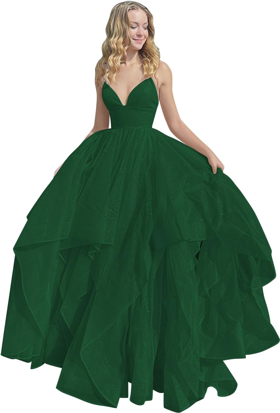 Women's Sparkly Tulle Prom Dress 2023 Long Ball Gown Spaghetti Straps Quinceanera Dress