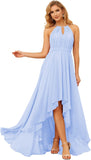 Damen Neckholder Brautjungfernkleider Lang mit Taschen High-Low Falten Formelles Kleid für Hochzeit 