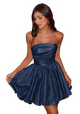 Short Satin A-Line Ruched Homecoming Dresses for Teens Strapless Ruched Mini Formal Cocktail Party Dress