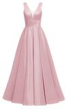 Glitter Satin Prom Dresses for Women Long V Neck A-Line Pleated Formal Evening Party Gowns with Pockets