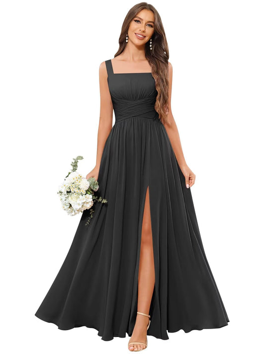 Women's Square Neck Chiffon Bridesmaid Dresses with Pockets Pleated A Line Formal Evening Dresses with Slit