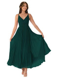 V-Neck Pleated Bridesmaid Dresses for Women Chiffon Spaghetti Straps Pleates Long Formal Wedding Guest Dress