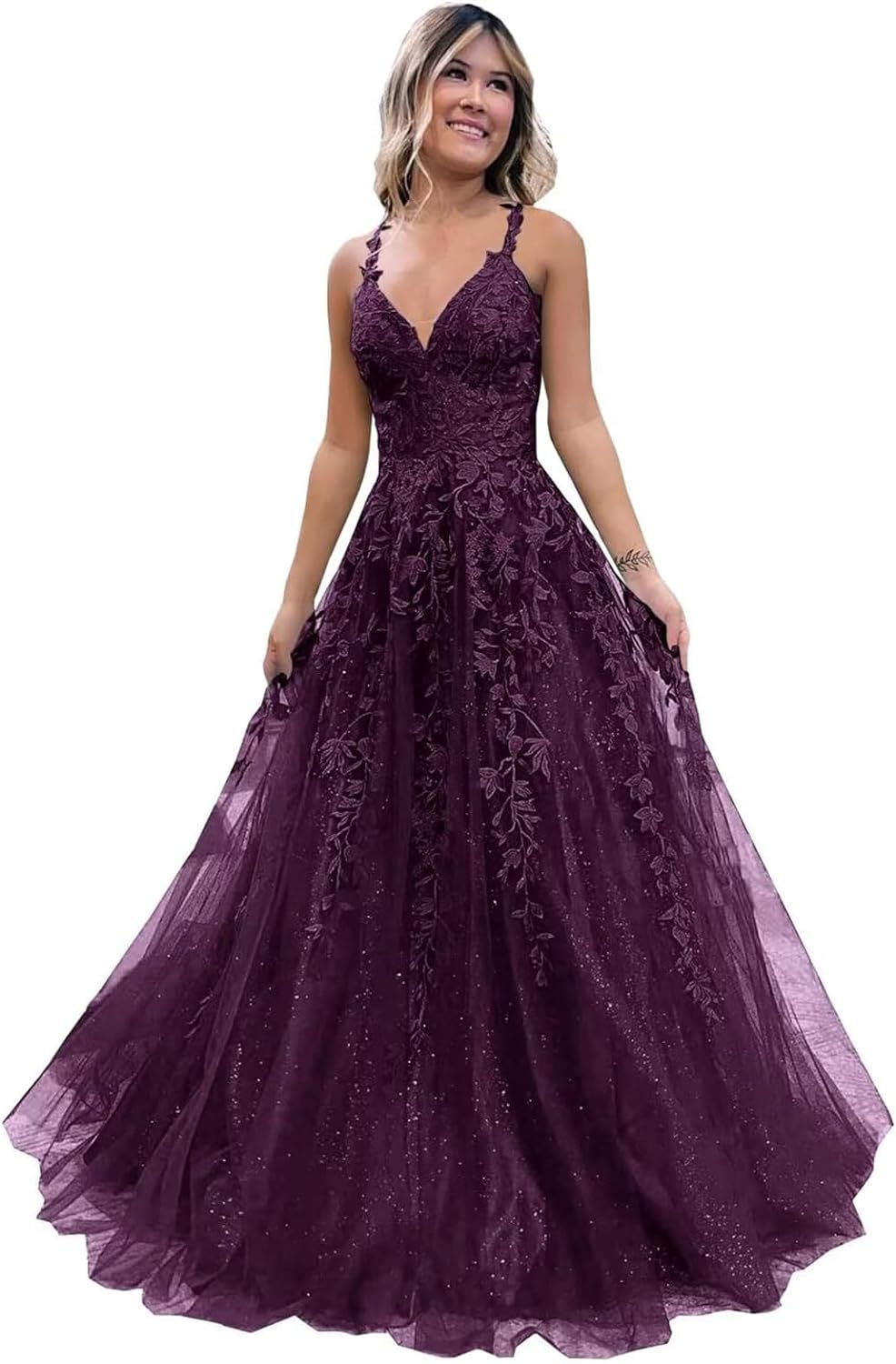 Women's Sparkly Tulle Lace Applique Prom Dresses 2025 Long Spaghetti Straps Formal Evening Gowns