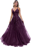 Women's Sparkly Tulle Lace Applique Prom Dresses 2025 Long Spaghetti Straps Formal Evening Gowns