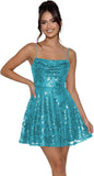 Sequin Prom Dresses 2026 for Teens Spaghetti Straps Cowl Neck Short Cocktail Party Dress
