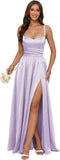 Jacquard Satin Prom Dresses with Slit Spaghetti Straps A Line Maxi Long Formal Dress