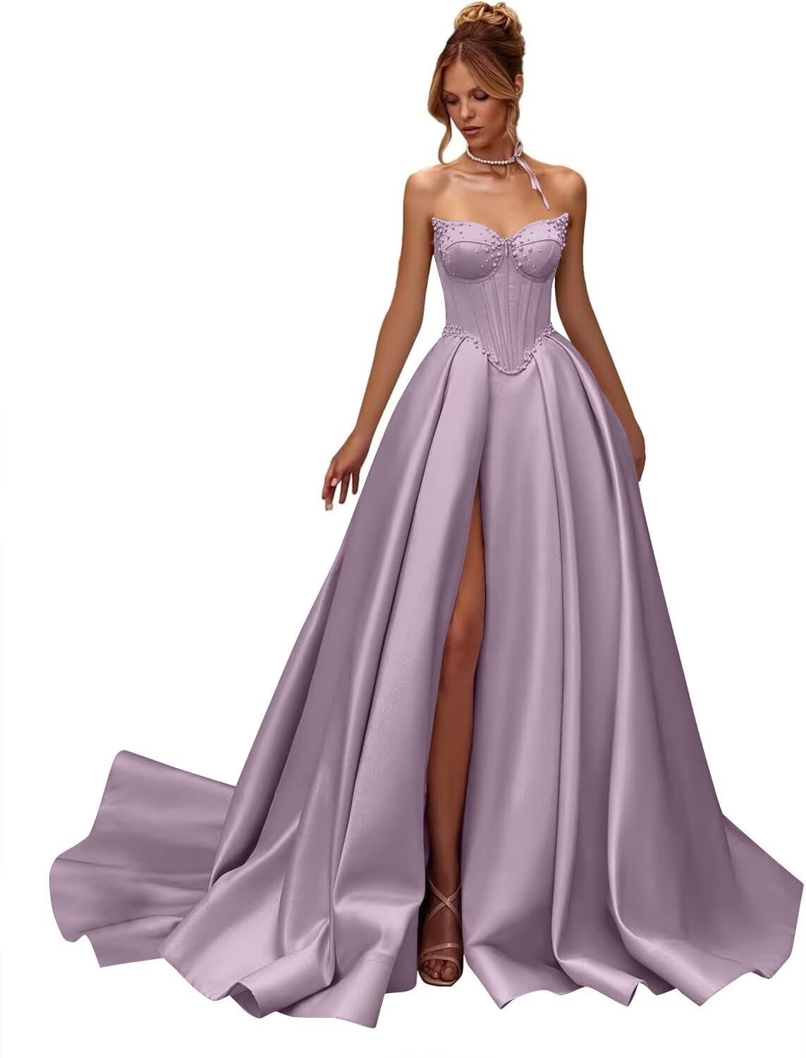 Kingbridal Gowns Strapless Prom Dresses for Women 2026 Long Satin A-line Formal Dress with Slit Beaded Corset Evening Party Gowns
