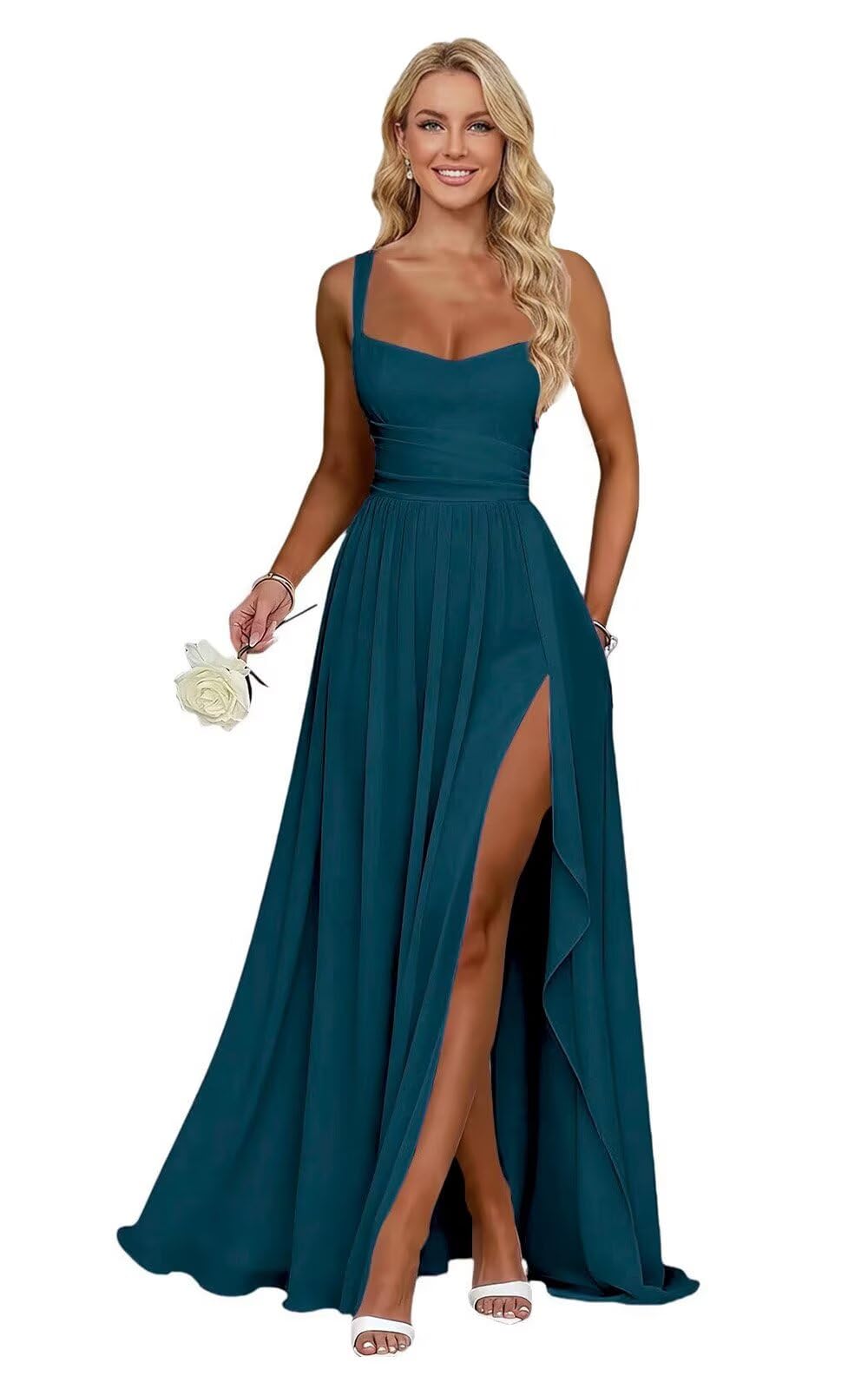 Ruffle Chiffon Bridesmaid Dress Long Square Neck Pleated Formal Gowns with Slit for Women Plus Size Spaghetti Straps Ruffles