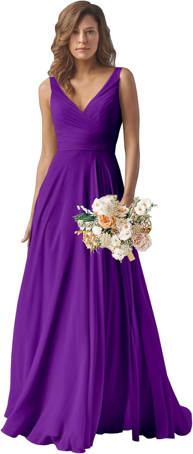 Chiffon Bridesmaid Dresses Long for Women A Line Ruched Formal Porm Evening Gowns