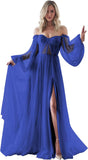 Women's Puffy Long Sleeve Prom Dresses with Slit Off Shoulder Tulle Wedding Formal Evening Gowns