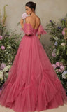 A-line Ruffled Short Sleeve Tulle Prom Dress for Women, Sweetheart Formal Gown Off The Shoulder Long Party Dress