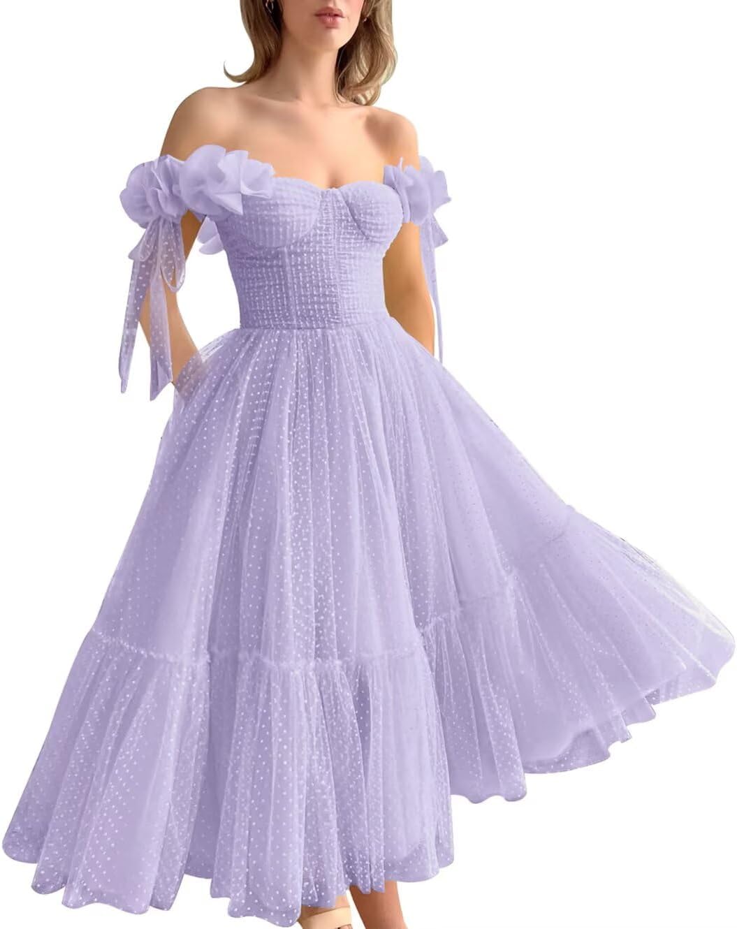 Dotted Tulle Off Shoulder Prom Dress for Women Sweetheart Midi Puffy Formal Party Gowns