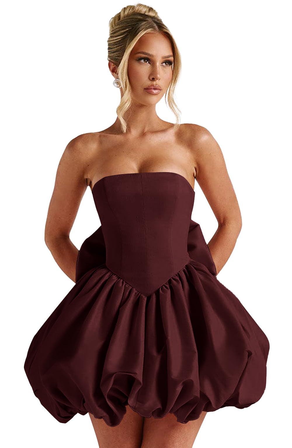 Satin Flower Bud Homecoming Dress Short Prom Dress with Bow Strapless A Line Mini Cocktail Party Gown
