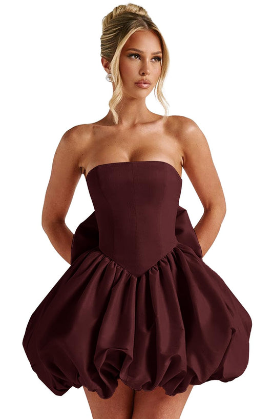 Satin Flower Bud Homecoming Dress Short Prom Dress with Bow Strapless A Line Mini Cocktail Party Gown