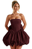 Satin Flower Bud Homecoming Dress Short Prom Dress with Bow Strapless A Line Mini Cocktail Party Gown