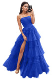 Strapless Tiered Tulle Prom Dresses for Women 2027 Long Sparkly A-Line Formal Evening Party Ball Gowns with Slit