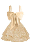 Sparkly Tiered Sequin Flower Girl Dress Spaghetti Straps Short Birthday Pageant Formal Mini Dresses