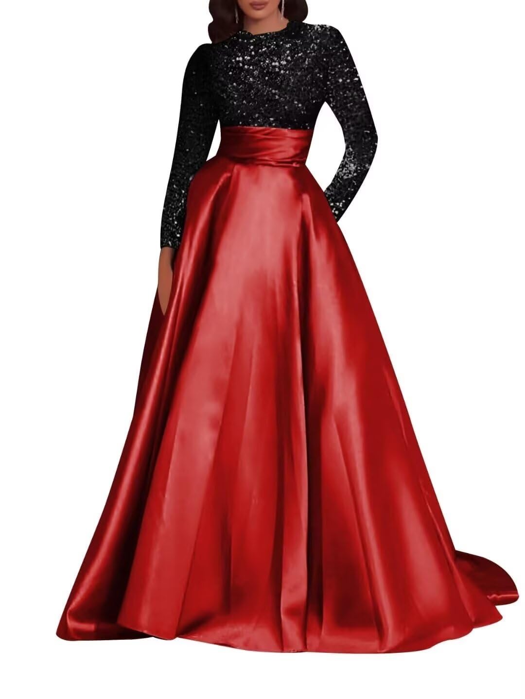 Kingbridal Gowns Long Sleeve Sequin Prom Dresses for Women Satin A-line Formal Dress 2026 Sparkly Evening Party Gowns with Pockets