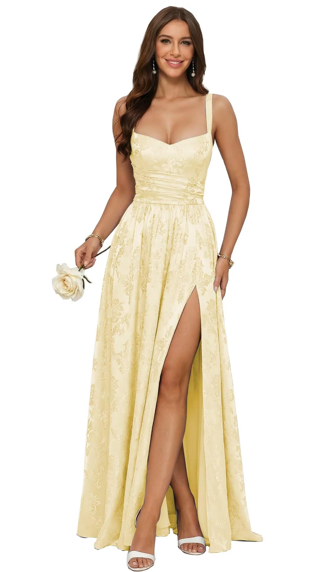 Jacquard Satin Prom Dresses with Slit Spaghetti Straps A Line Maxi Long Formal Evening Dress Party Gowns