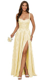 Jacquard Satin Prom Dresses with Slit Spaghetti Straps A Line Maxi Long Formal Dress