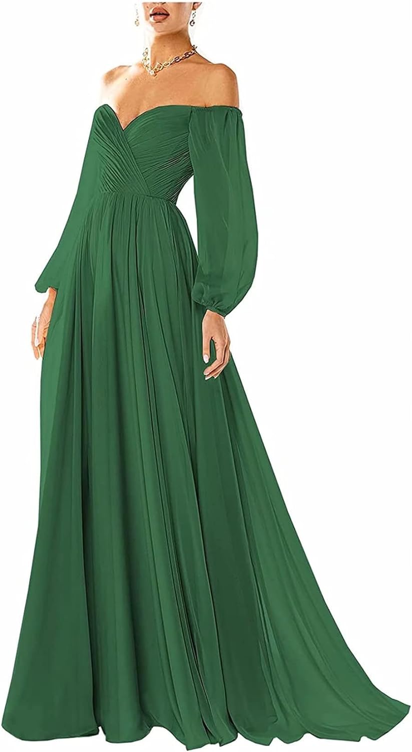 Vestido de fiesta con hombros descubiertos, manga larga, estilo formal, plisado, corte A, para mujer